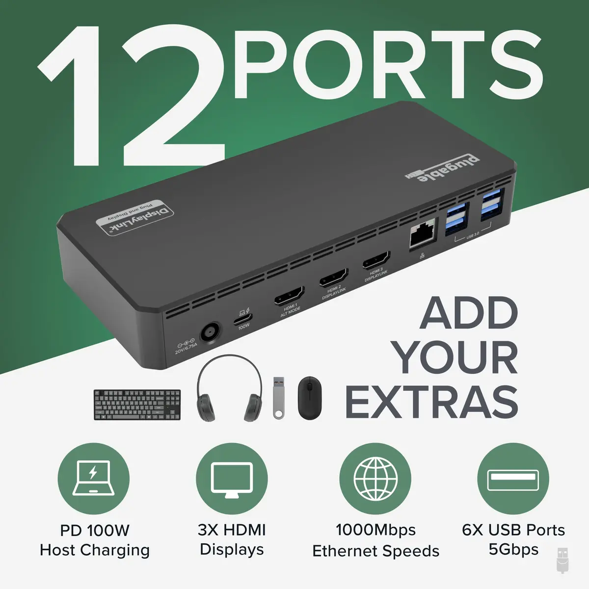 Plugable Usb-C Triple Monitor Docking Station, 100W Laptop Charging (B-Stock) 2