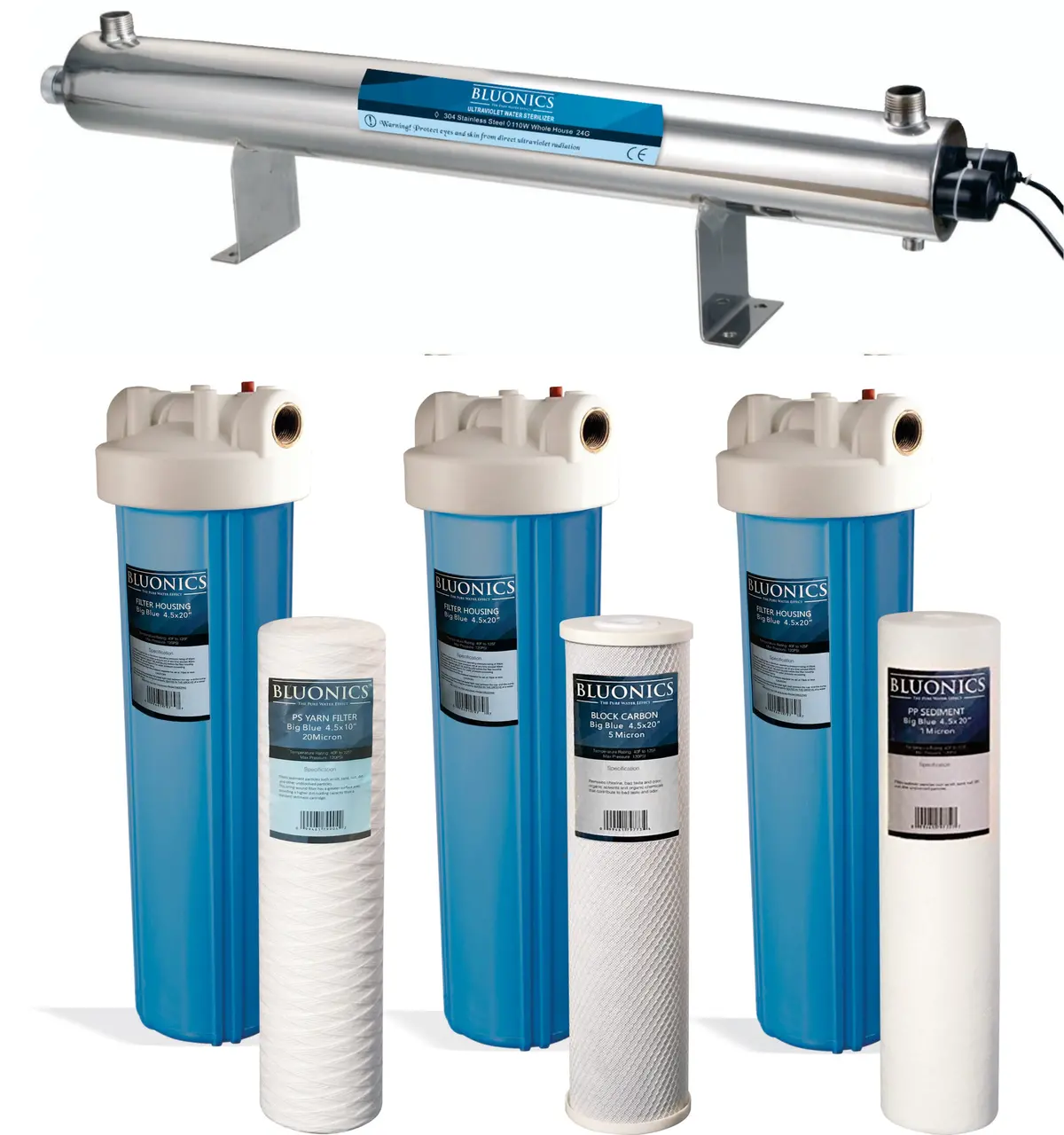 Bluonics 110W Uv Ultraviolet + Sediment & Carbon Well Water Purifier Big Blue 4.5"X20" Filters For A Large Home/Commercial Treat Virus And Bacteria 1