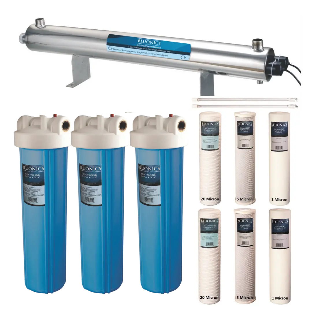 Bluonics Complete Well Water Solution With 110W Uv, 3 Big Blue 4.5"X20" Filters, And One Extra Sets Of Filters 1