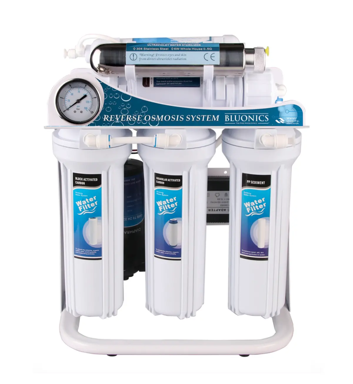 Bluonics Reverse Osmosis Ultraviolet Water Filter System Uv Sterilizer Treat Virus And Bacteria Ro 6 Stage 100 Gpd With Booster Pump (White Canisters) 1