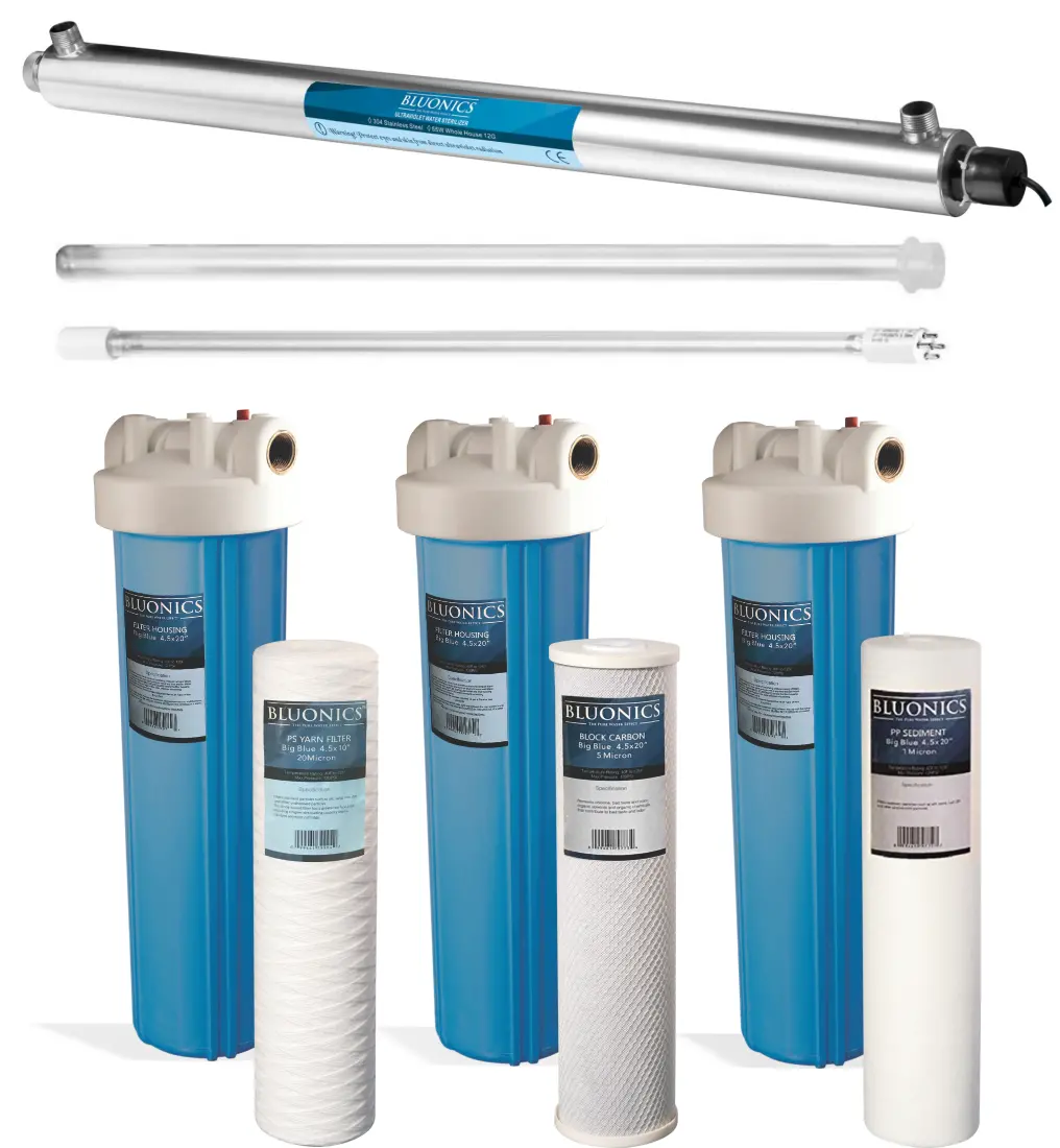 Bluonics 55W Uv Ultraviolet + Sediment & Carbon Well Water Purifier Big Blue 4.5"X20" Filters For A Large Home/Commercial Treat Virus And Bacteria 1