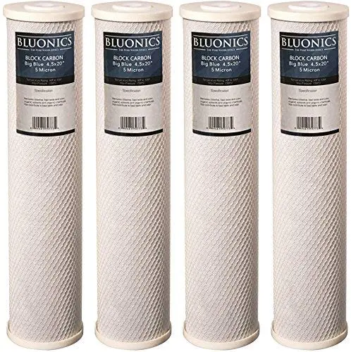 4-Pack Bluonics Big Blue Carbon Block Replacement Water Filters (5 Micron) 4.5" X 20" For Chlorine, Pesticides, Insecticides, Bad Taste And Odor 1