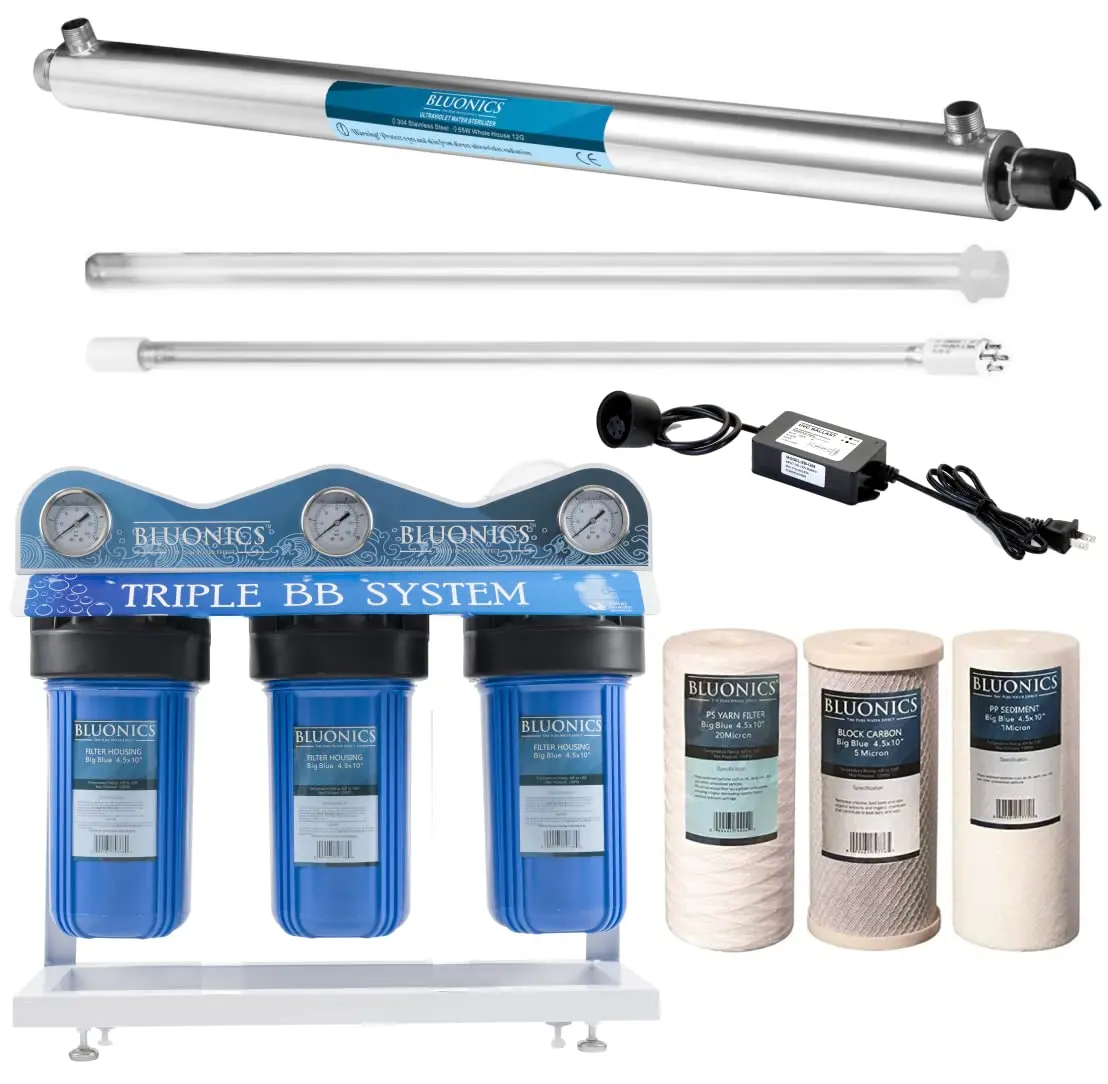 Bluonics 55W Uv Ultraviolet Light Well Water Filter Purifier System With Big Blue Size 4.5"X10" Filters Treat Virus And Bacteria 1