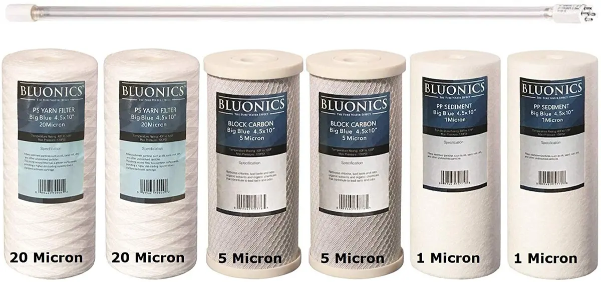 Bluonics Replacement Filter Set For Well Water Systems String-Wound Sediment Cto Carbon Sediment Uv Bulb 3Pcs 4.5X10 Whole House Cartridges Uv Lamp 1