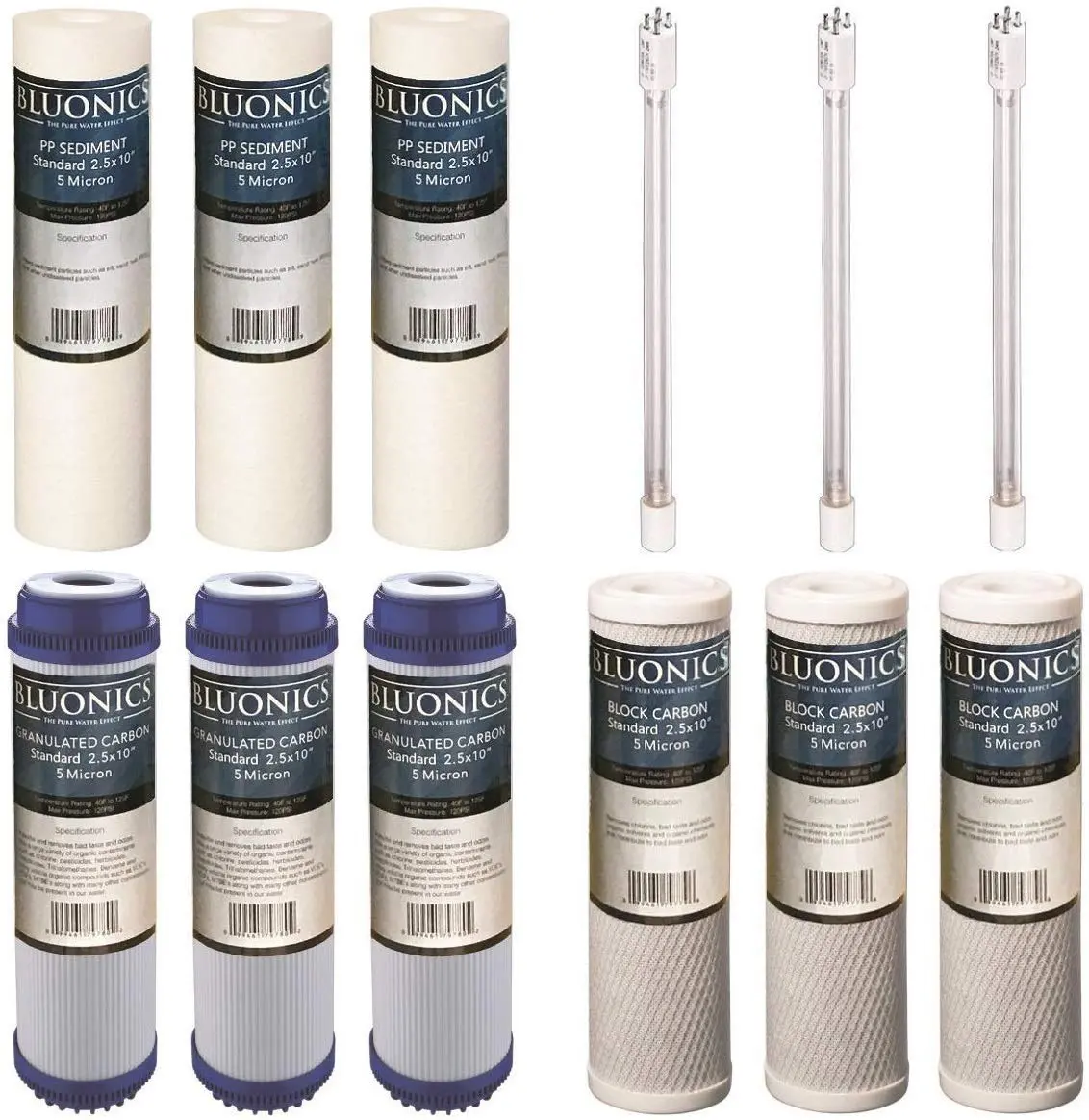 Bluonics 12 Pc Replacement Water Filter Set For Our 4 Stage Uv Under Sink Filter System. Sediment Carbon Block Gac Uv Bulb 1