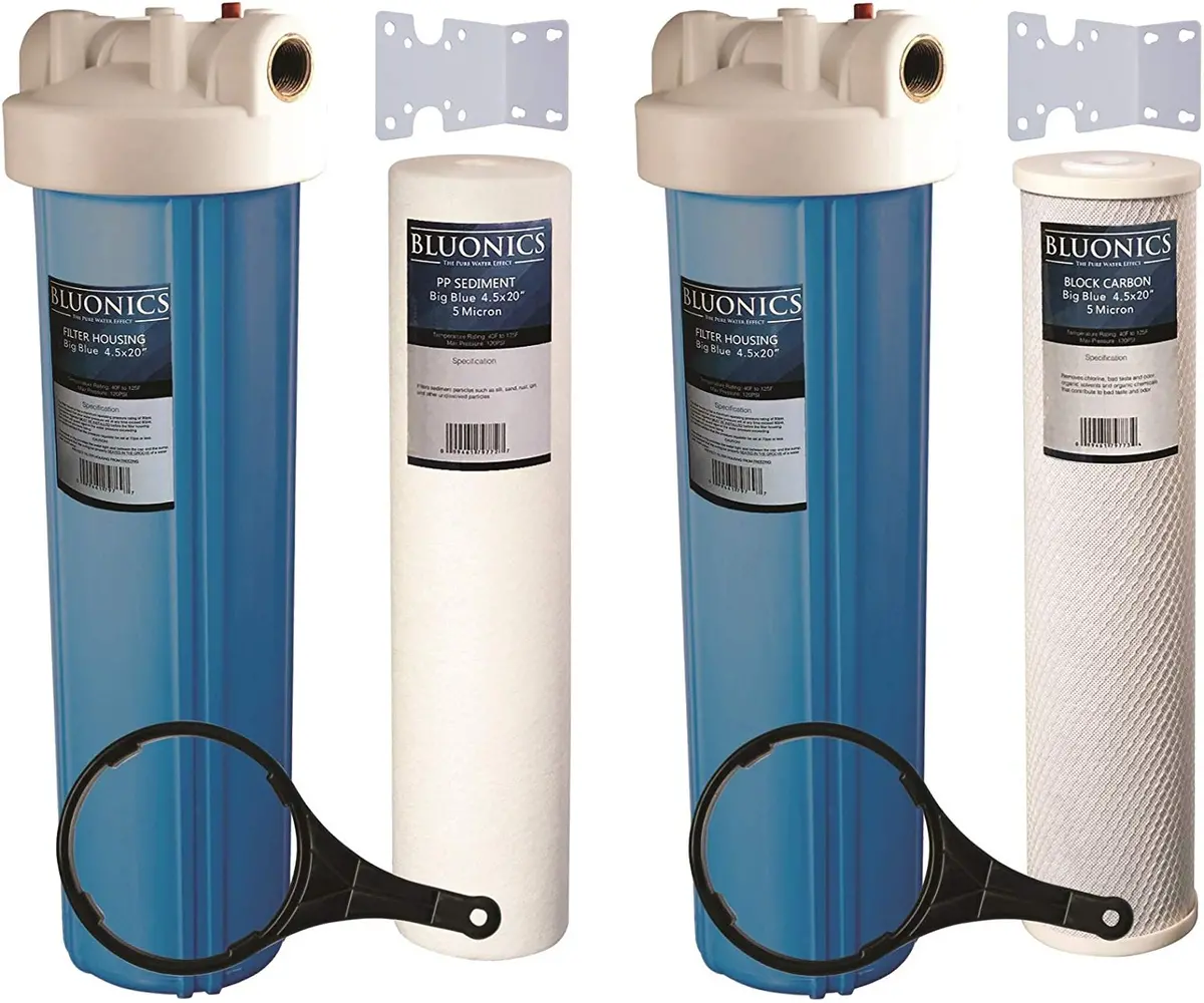 Two 20" Bluonics Big Blue Whole House Water Filters With Sediment & Carbon 4.5 X 20" Filter Cartridges Included 1