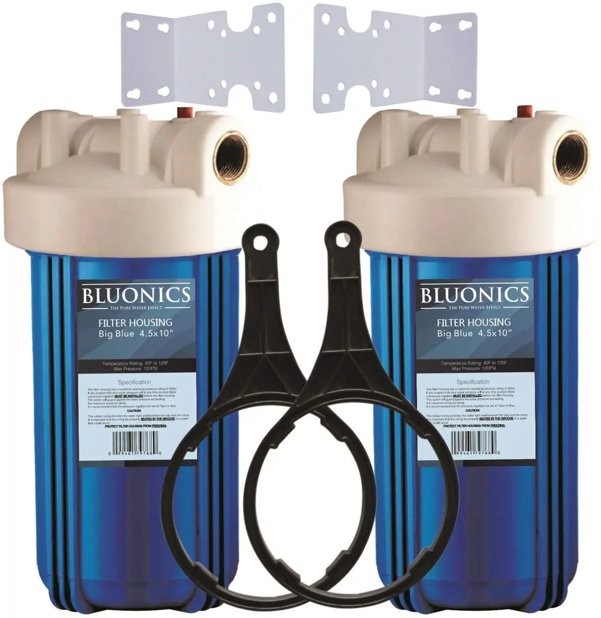 2 Pack Of 10" Whole House Water Filter Housing System Uses Standard Big Blue Size 4.5 X 10 Cartridges - Complete With Wrench, Bracket And Screws 1