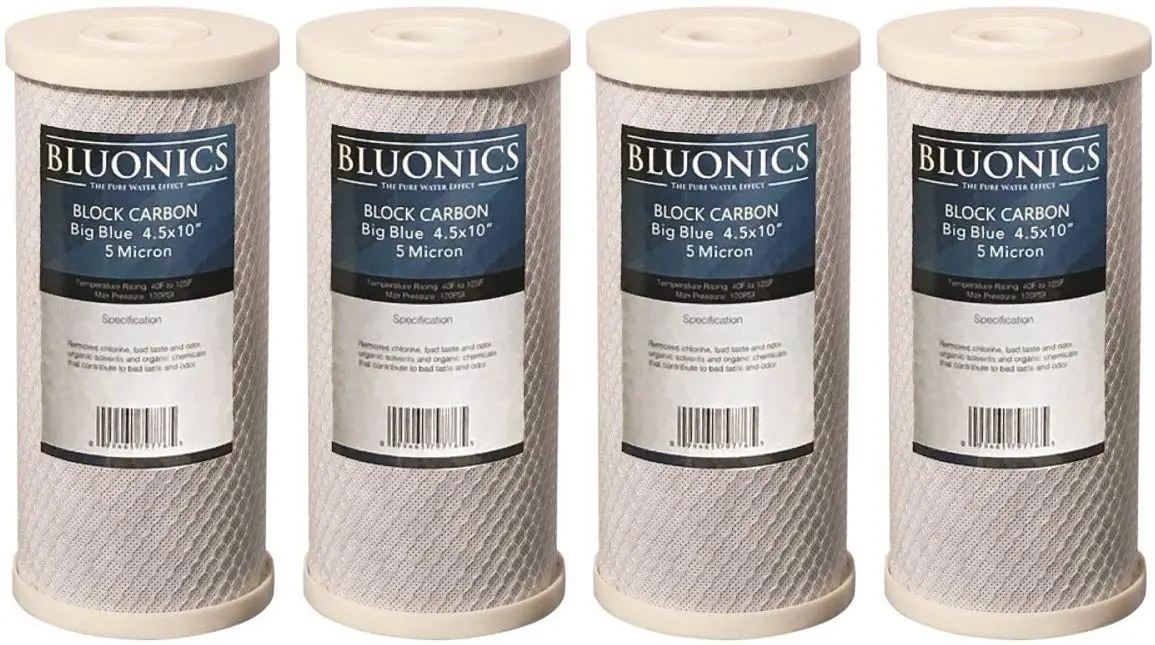 Bluonics 4-Pack Big Blue Carbon Block Water Filters 5-Micron 4.5" X 10" Cartridges For Chlorine, Pesticides, Herbicides, Insecticides, Bad Taste, Odor 1