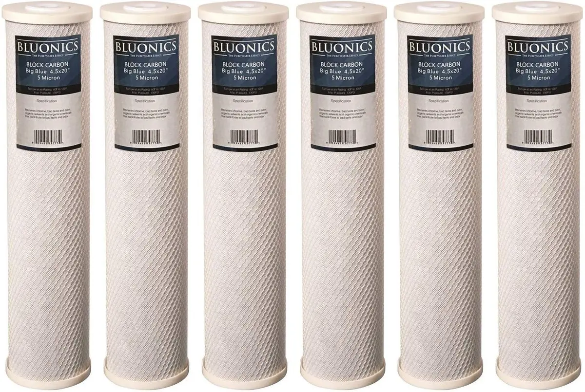Bluonics 6-Pack Big Blue Carbon Block Replacement Water Filters (5 Micron) 4.5" X 20" For Chlorine, Herbicides, Insecticides, Bad Taste And Odor 1