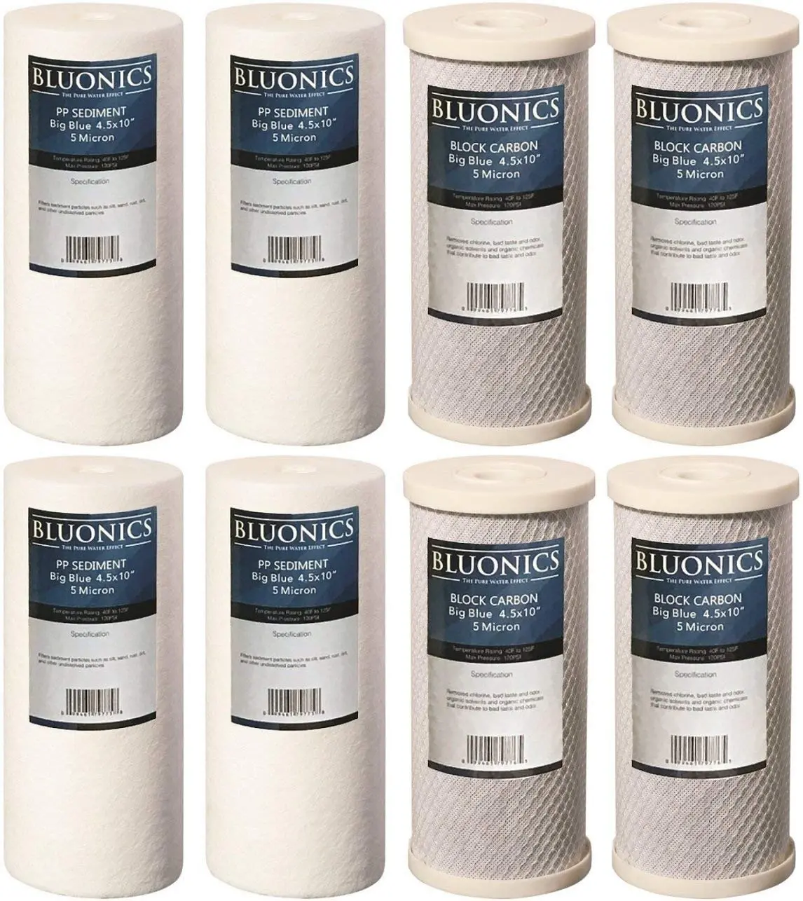 8 Pack Filters-4 Carbon Block & 4 Sediment Replacement Water Filters 5-Micron 4.5" X 10" Whole House For Rust, Iron, Sand, Dirt, Chlorine And Odors 1