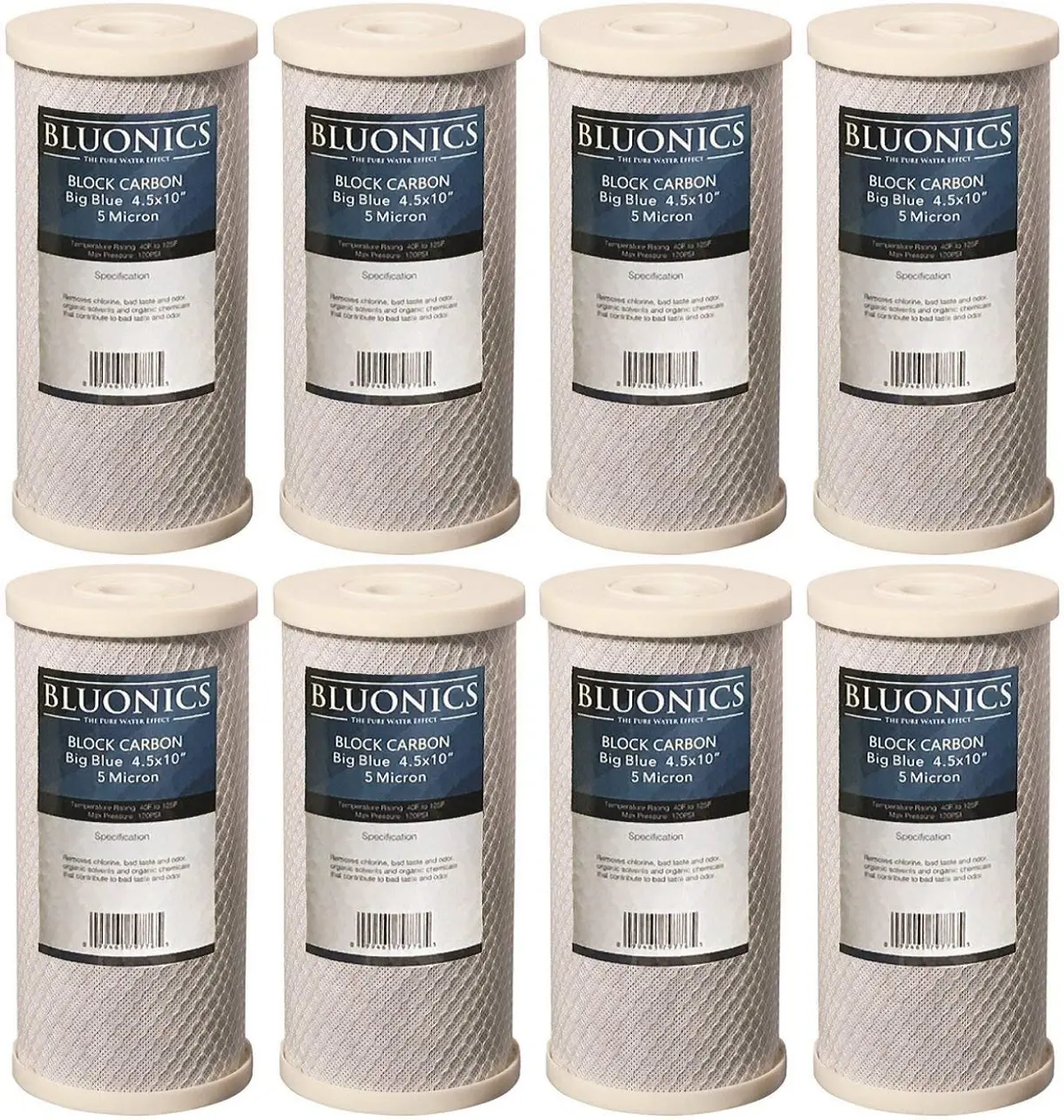 Bluonics 8-Pack Big Blue Carbon Block Replacement Water Filters 5-Micron 4.5" X 10" For Chlorine, Bad Taste And Odor 1