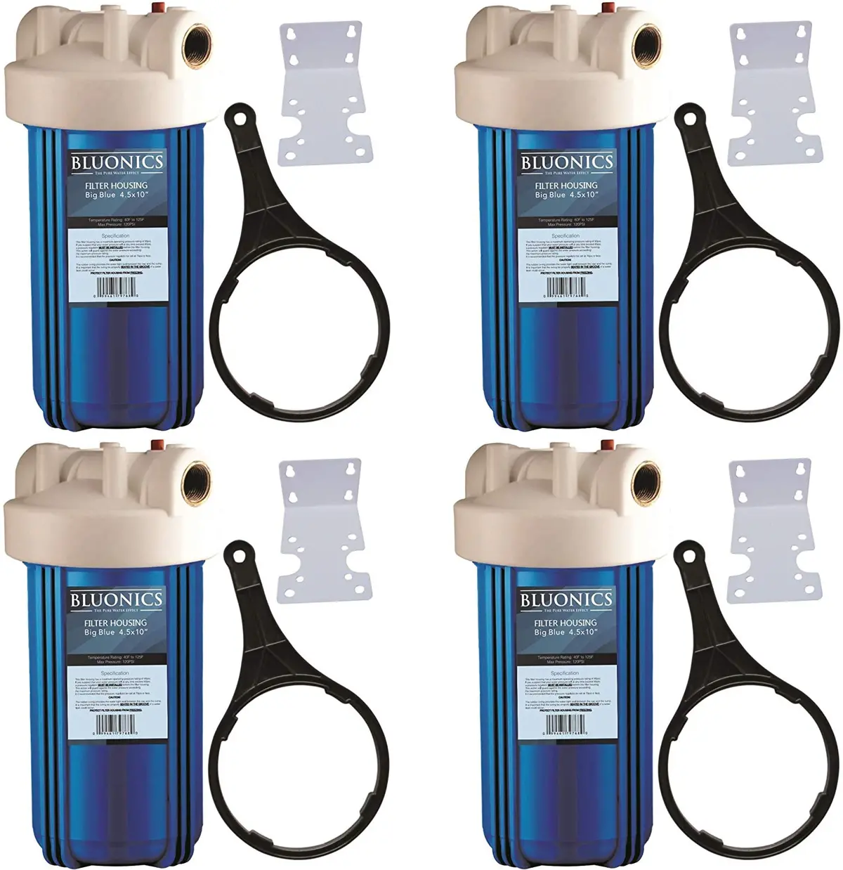 4 Pack 10" Big Blue Whole House Water Filter Housing System Uses Standard Big Blue Size 4.5 X 10 Cartridges - Complete W/Wrench,Bracket And Screws 1