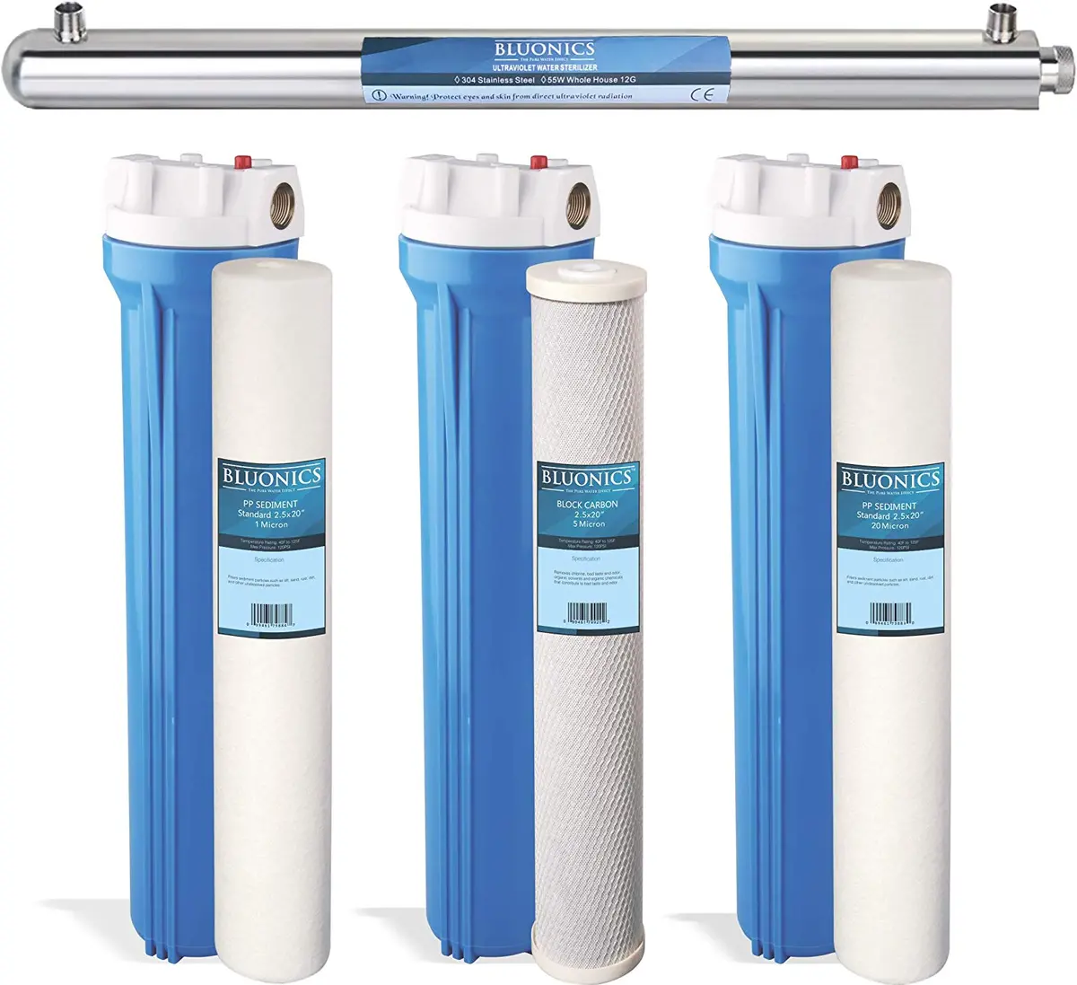 Bluonics Whole House Well Water Filtration System – 12 Gpm 55W Uv Purifier With Sediment & Cto Carbon Filters, Solid Blue Housings Treat Virus And Bacteria 1