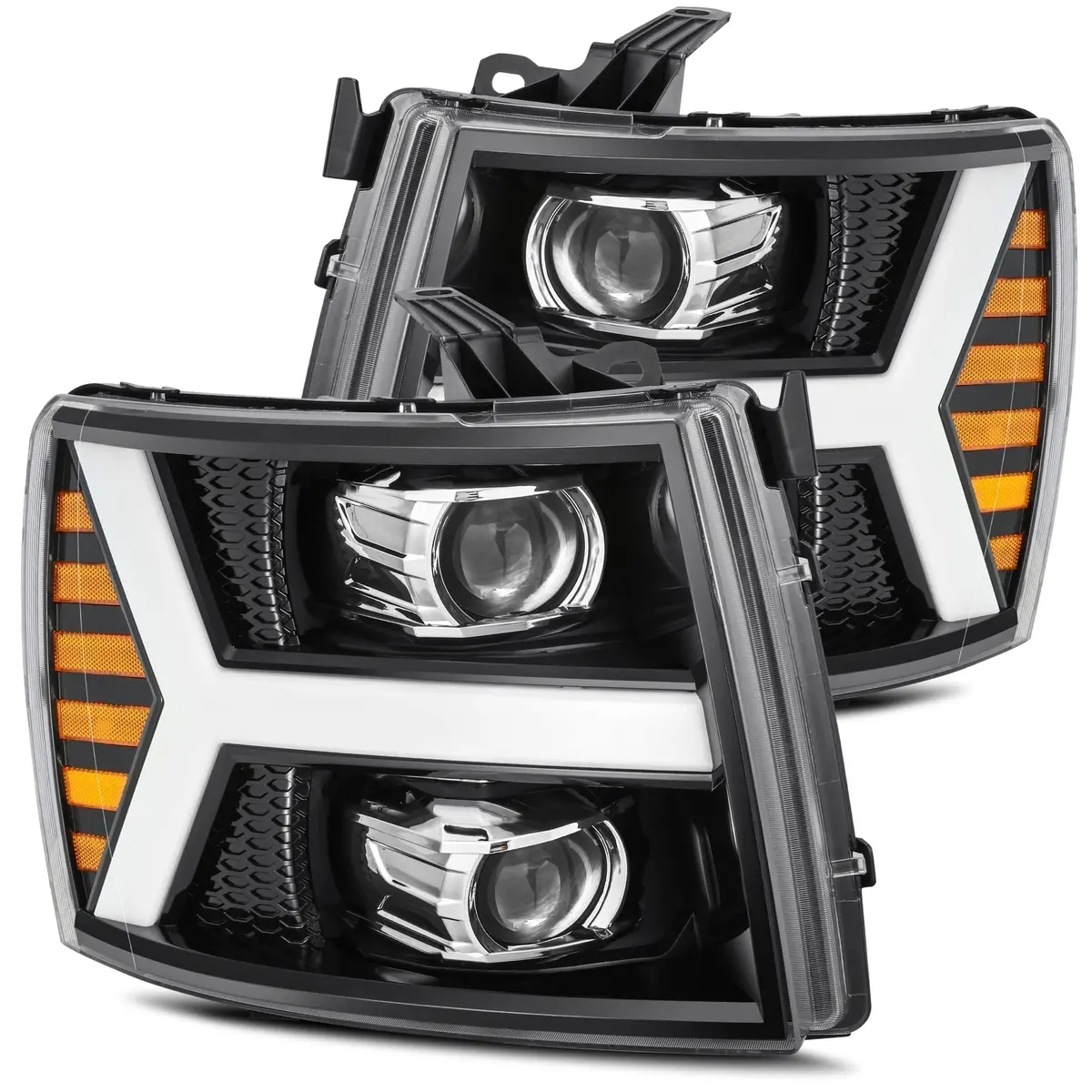 2007- 2013 Chevrolet Silverado Projector Headlights Plank Style Design Gloss Black W/ Activation Sequential Signal. Alpha Rex 880206 1