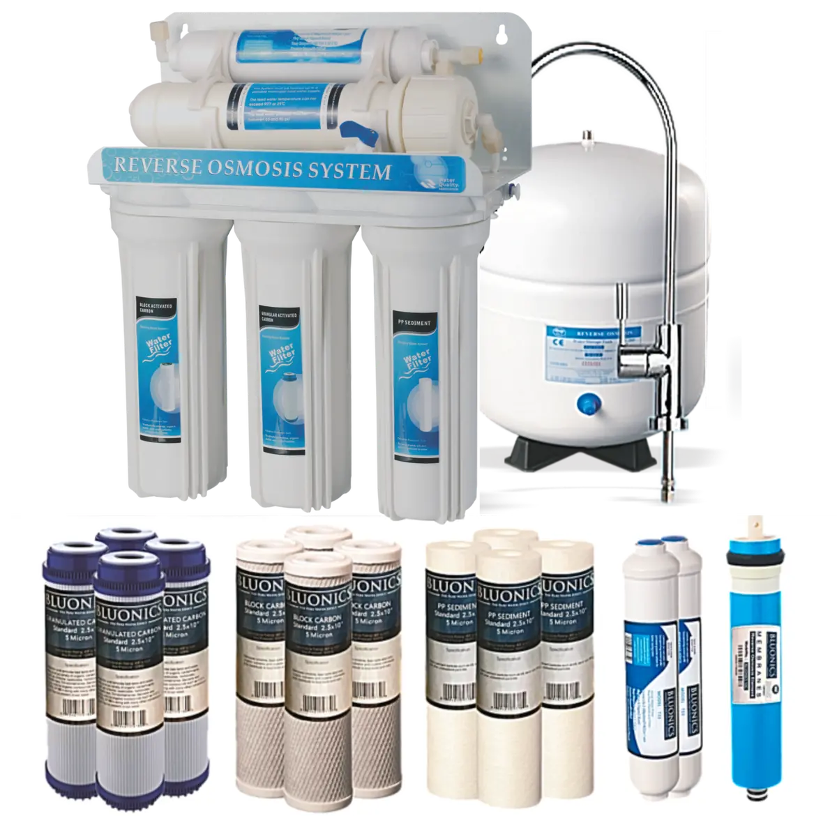 Bluonics 5 Stage Undersink Reverse Osmosis Ro Drinking Water Filter Nsf Certified 50 Gpd Solid Housings, 4 Yrs Supply 1