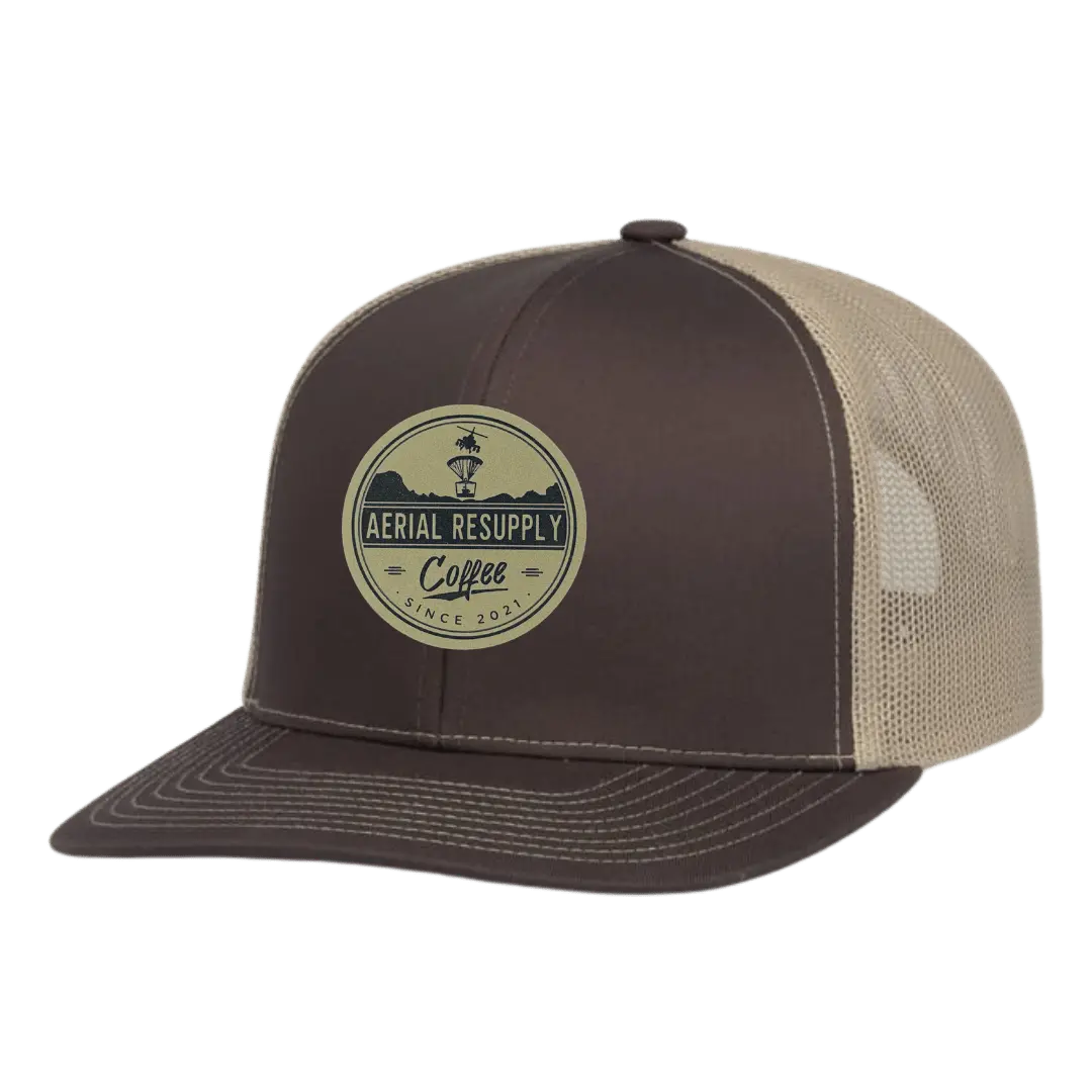 Aerial Resupply Coffee Logo Leather Patch Trucker Hat 1