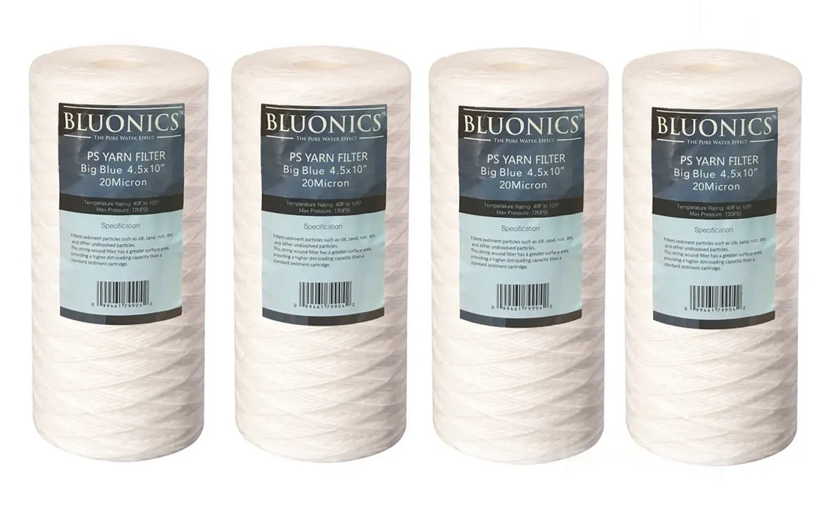 Bluonics 4 Big Blue String Wound Sediment Filter 20 Micron 4.5" X 10" Whole House Cartridges 1