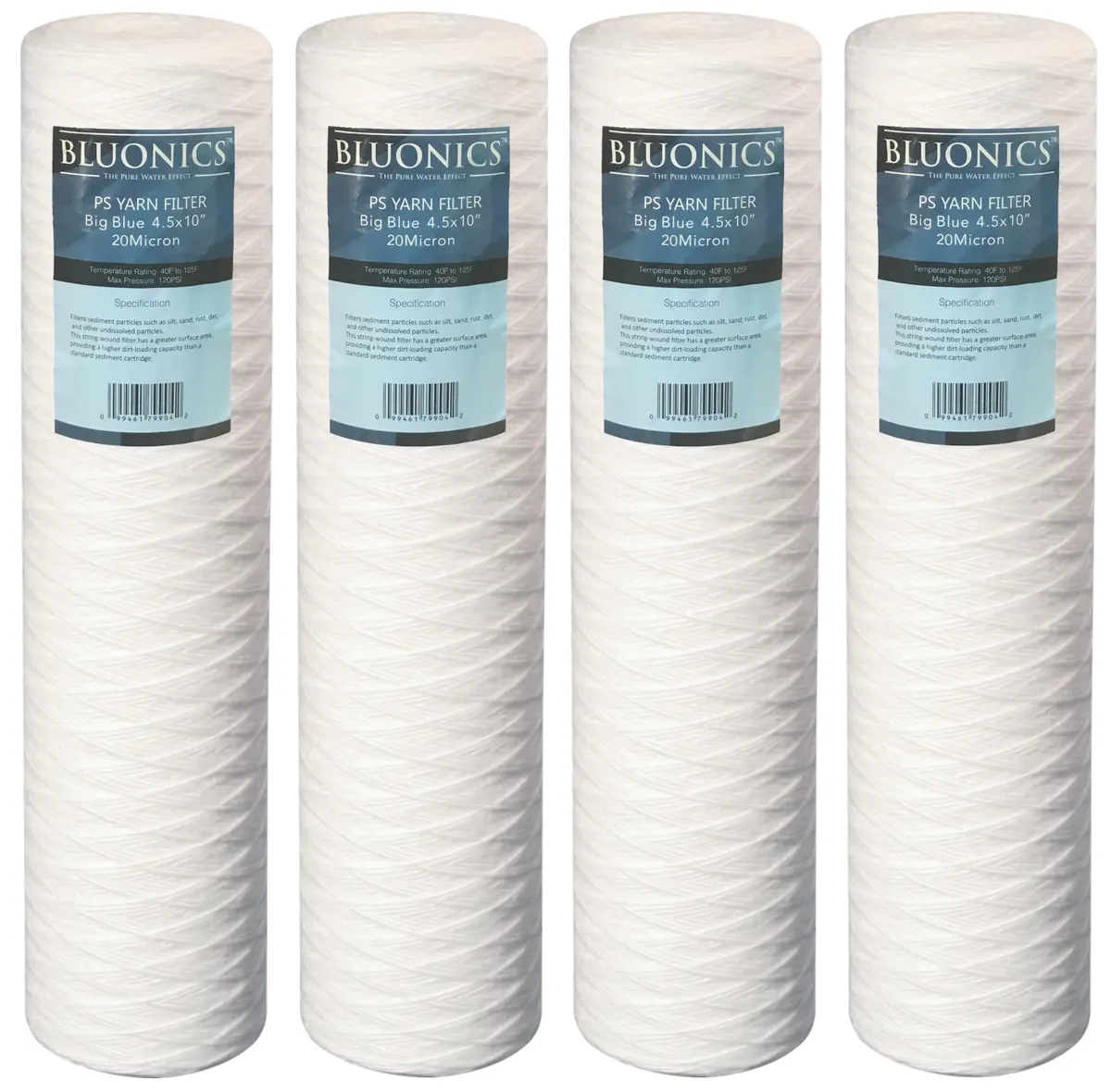 String-Wound Yarn Sediment (20 Micron) 4Pcs 4.5" X 20" Big Blue Whole House Cartridges For Rust, Iron, Sand, Dirt, Sediment 1