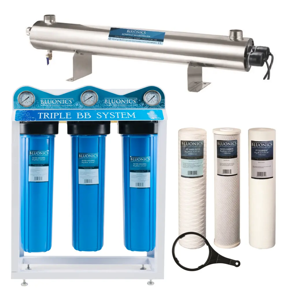 110W Uv+Sediment & Carbon Well Water Filter Purifier System 24Gpm W/Triple Big Blue Size 4.5X20 Treat Virus And Bacteria 1