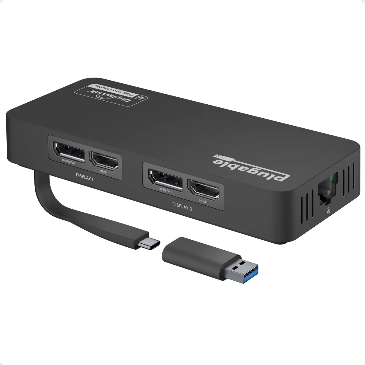 Plugable Usb 3.0 And Usb-C 4K Displayport And Hdmi Dual Monitor Adapter With Ethernet 1