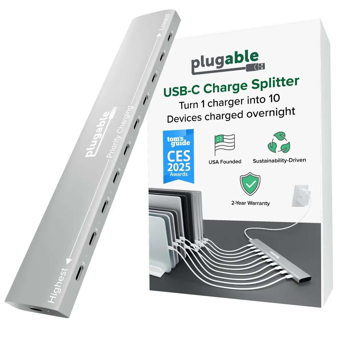 Plugable 10 Port Usb-C Charging Station, 100W Priority Charging 1