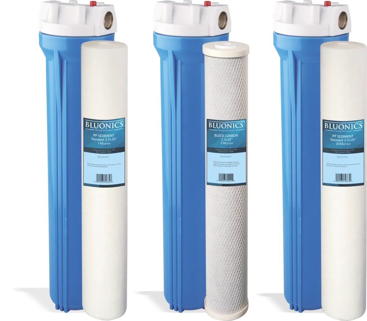 Bluonics Whole House Water Filter Purifier Sediment & Cto Carbon 3 Standard Flow 2.5"X 20" With Bracket And Screws. 3/4" Brass Port, With Wrench, 1