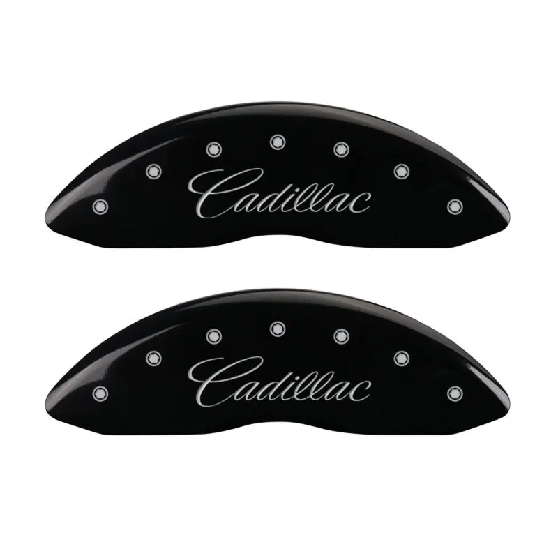 Mgp Engraved Caliper Covers – Front: Cursive Script, Rear: Cadillac Logo, Black Finish With Silver Accent (Srx-Specific) 1