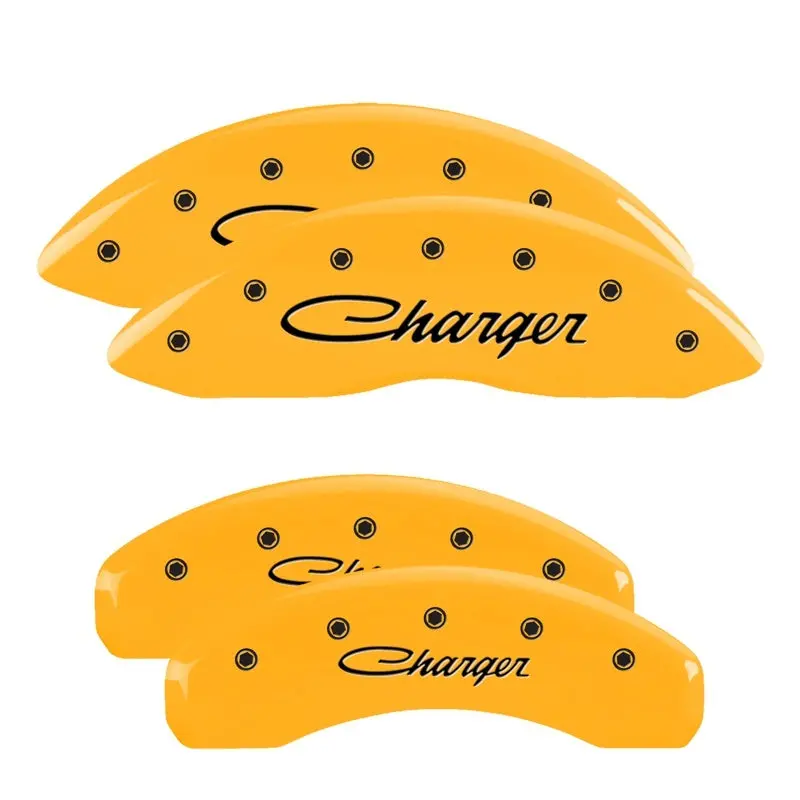 Mgp Engraved 4-Piston Caliper Covers – Front & Rear, Yellow Cursive 'Charger' Design On Black Finish 1