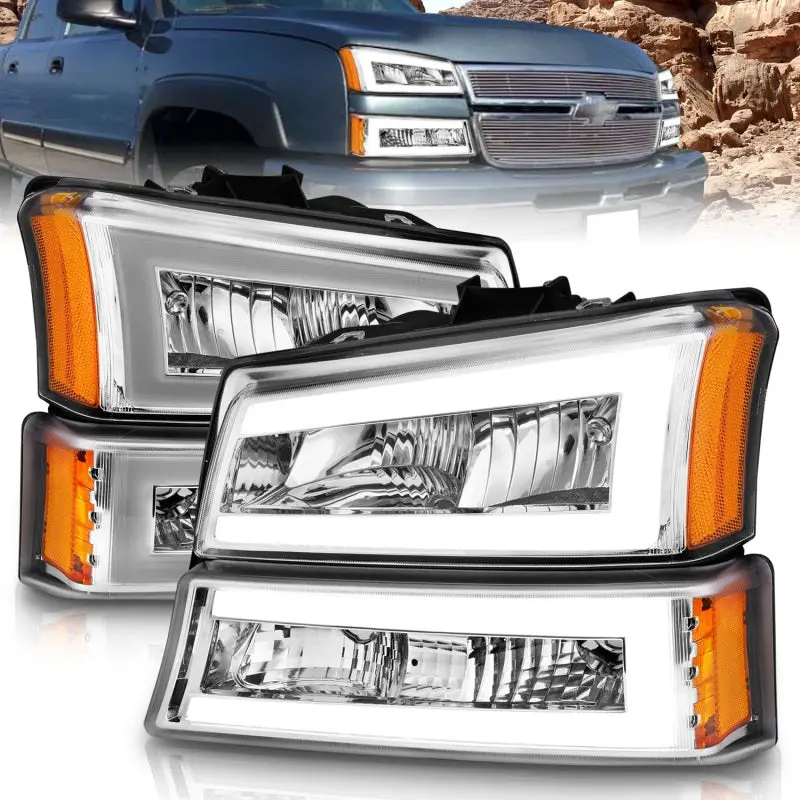 Anzo Crystal Headlight Assembly With Chrome Housing & Integrated Light Bar For 2003–2006 Chevrolet Silverado 1500 1